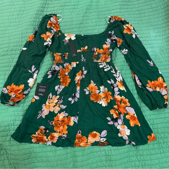 Lulu’s Cutie Moment Green Floral Print Long Sleeve Mini Dress size Large - Picture 4 of 4